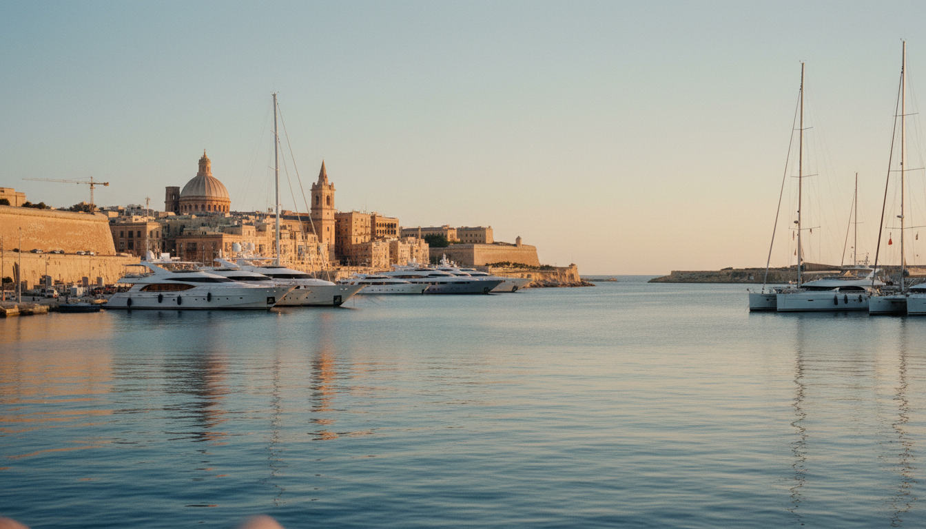 Luxusyachten im Valletta Grand Harbour vor honigfarbenen Festungsmauern und barocker Architektur im warmen Abendlicht