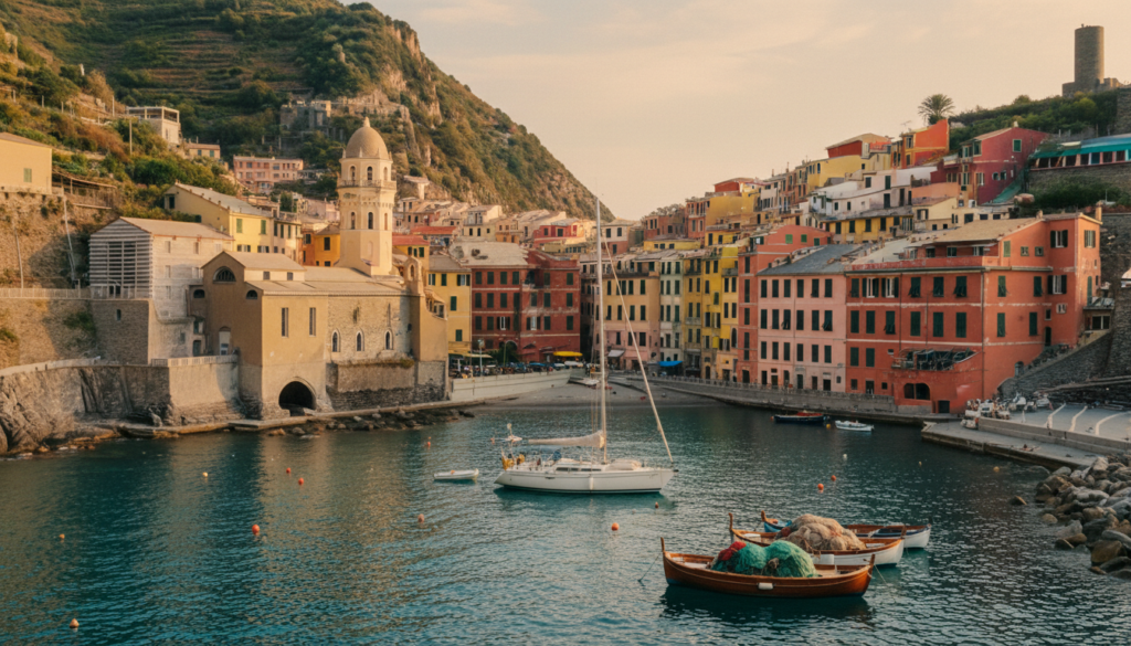 Vernazza Hafen mit bunten Häusern, Yacht in türkisblauem Meer, mittelalterlicher Turm und Fischerboote