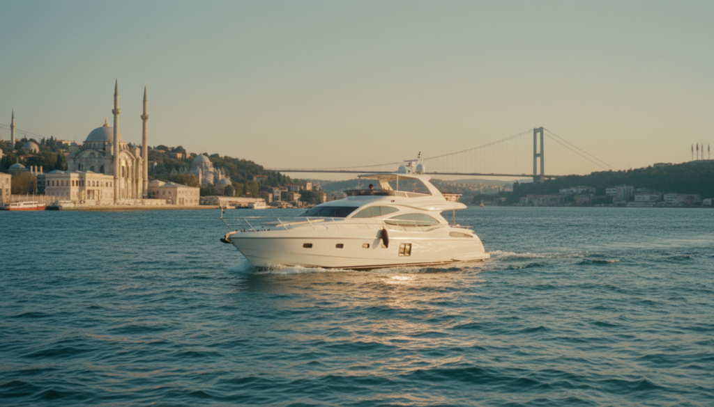 Weiße Luxusyacht auf yacht route istanbul im Bosporus, Paläste am Hügel und Brücke im goldenen Licht