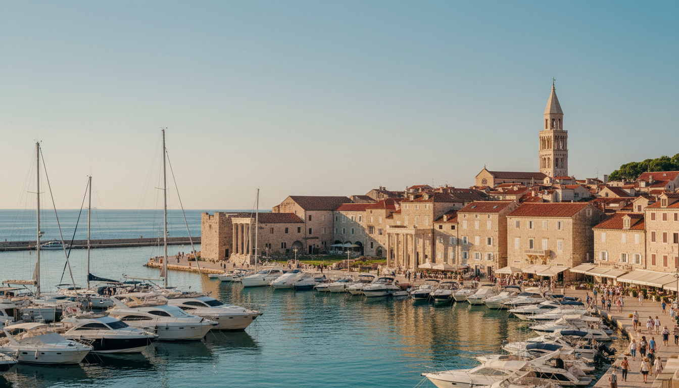 Zadar Altstadt mit Marina, Segelbooten und der Meeresorgel an der Uferpromenade im warmen Nachmittaglicht