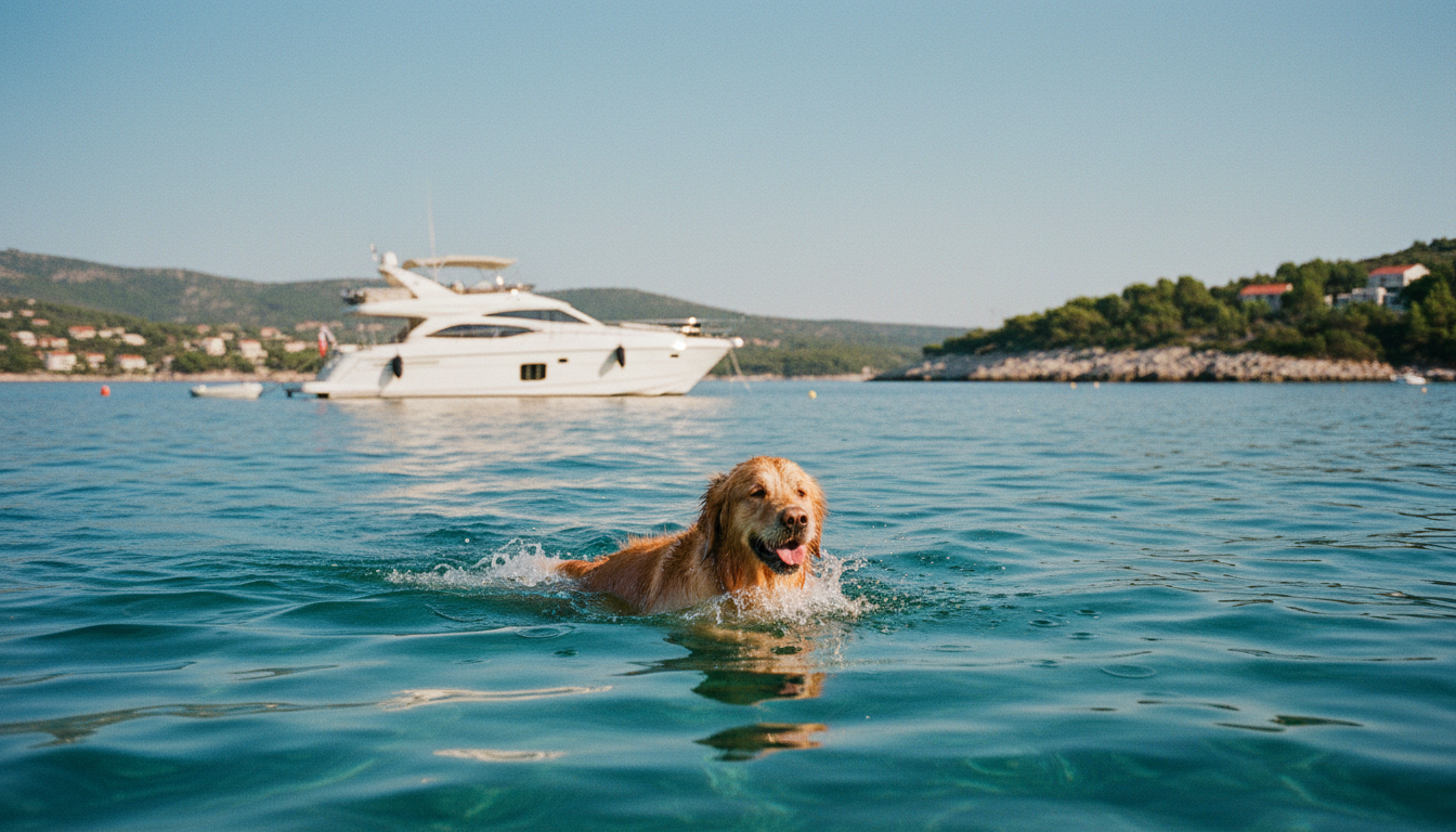 Urlaub Kroatien mit Hund – Badefreude im Meer Glücklicher Hund paddelt in kristallklarem adriatischem Wasser neben Yacht – urlaub kroatien mit hund