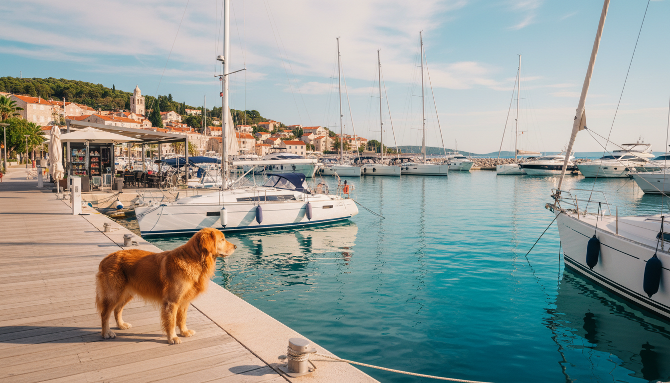 Urlaub Kroatien mit Hund – Marina & Golden Retriever Golden Retriever auf Steg in hundefreundlicher Marina – ideal für urlaub kroatien mit hund, Segelboote und blaues Wasser