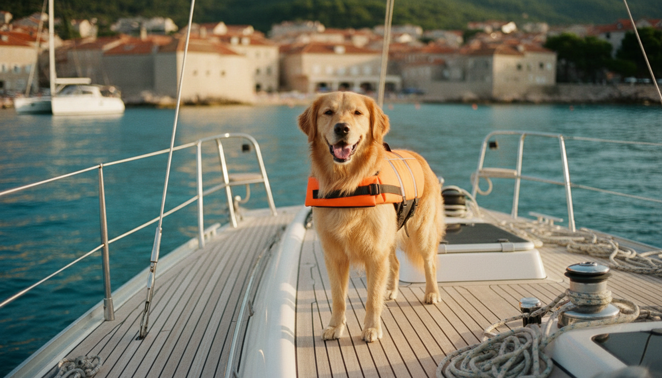 Urlaub Kroatien mit Hund: Yacht auf Adria bei Küste urlaub kroatien mit hund: Hund mit Rettungsweste auf Teakdeck einer Yacht, kroatische Küste und klares Adriatisches Meer