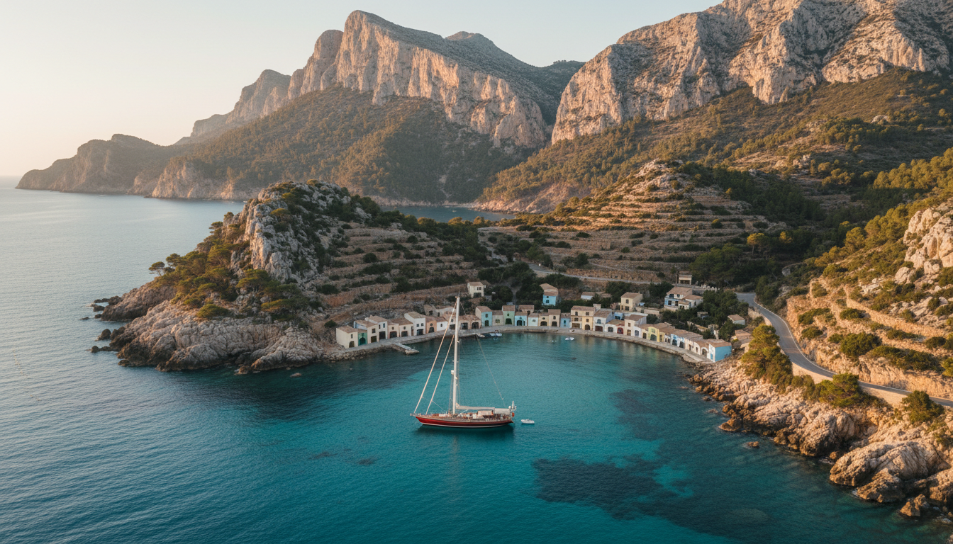 Luftaufnahme von Valldemossa Mallorca: Luxusyacht in türkisfarbener Bucht, Tramuntana-Berge im Abendlicht