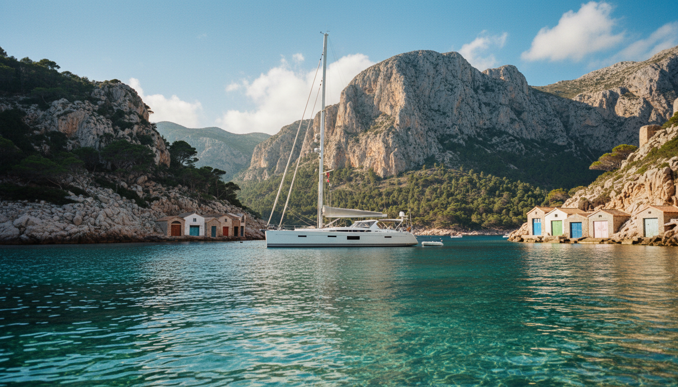 Luxuriöse Segelyacht ankert in türkisener Bucht von Valldemossa Mallorca, bunte Bootshäuser und Tramuntana-Klippen.