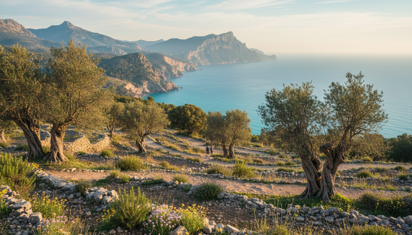 Frühmorgendliche Aufnahme eines Wanderwegs bei Valldemossa Mallorca mit Steinterrassen, Olivenbäumen und türkisblauem Meer