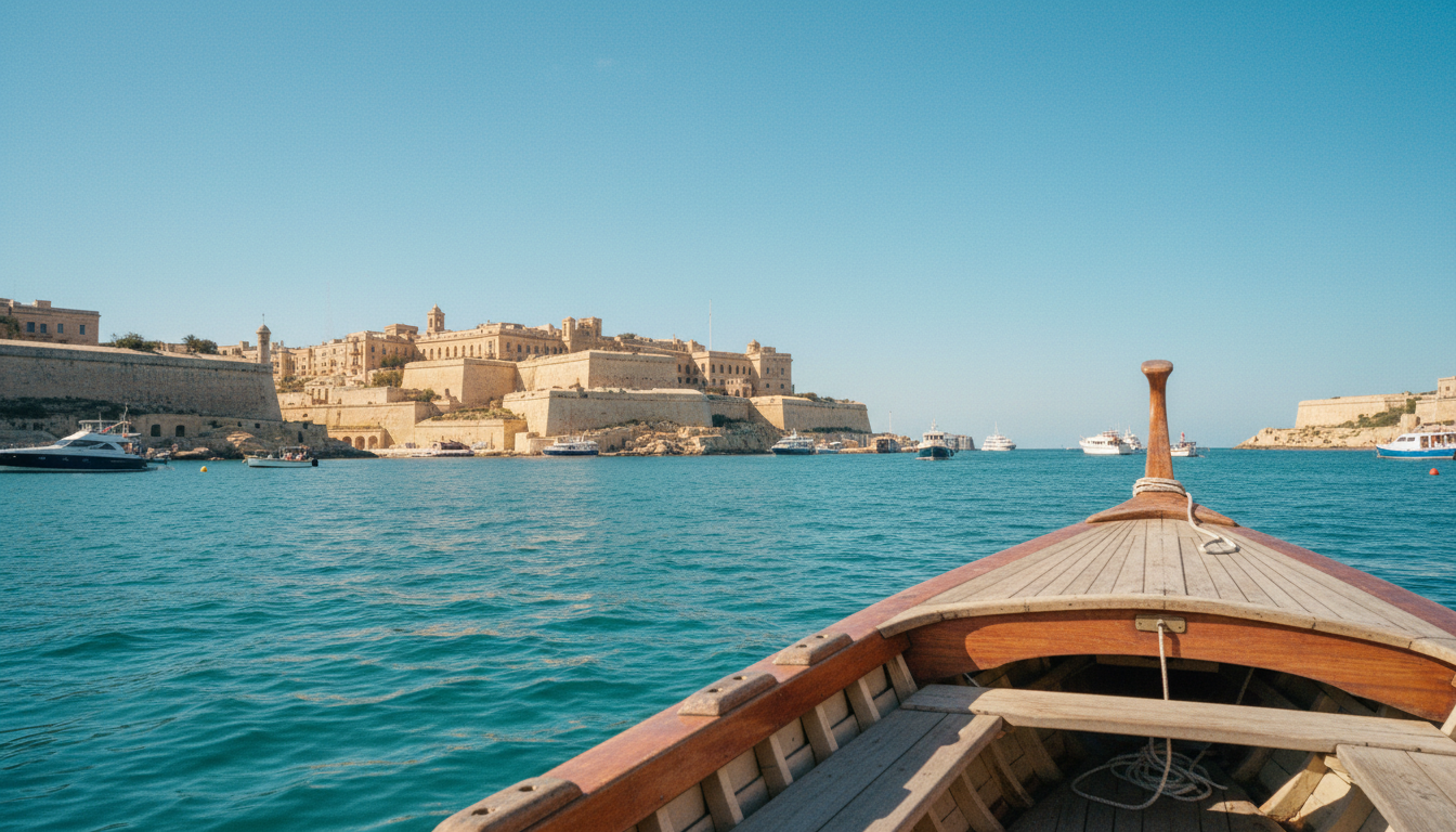 Dghajsa-Wassertaxi im klaren türkisfarbenen Wasser vor den befestigten Mauern der Valletta Altstadt an einem sonnigen Tag