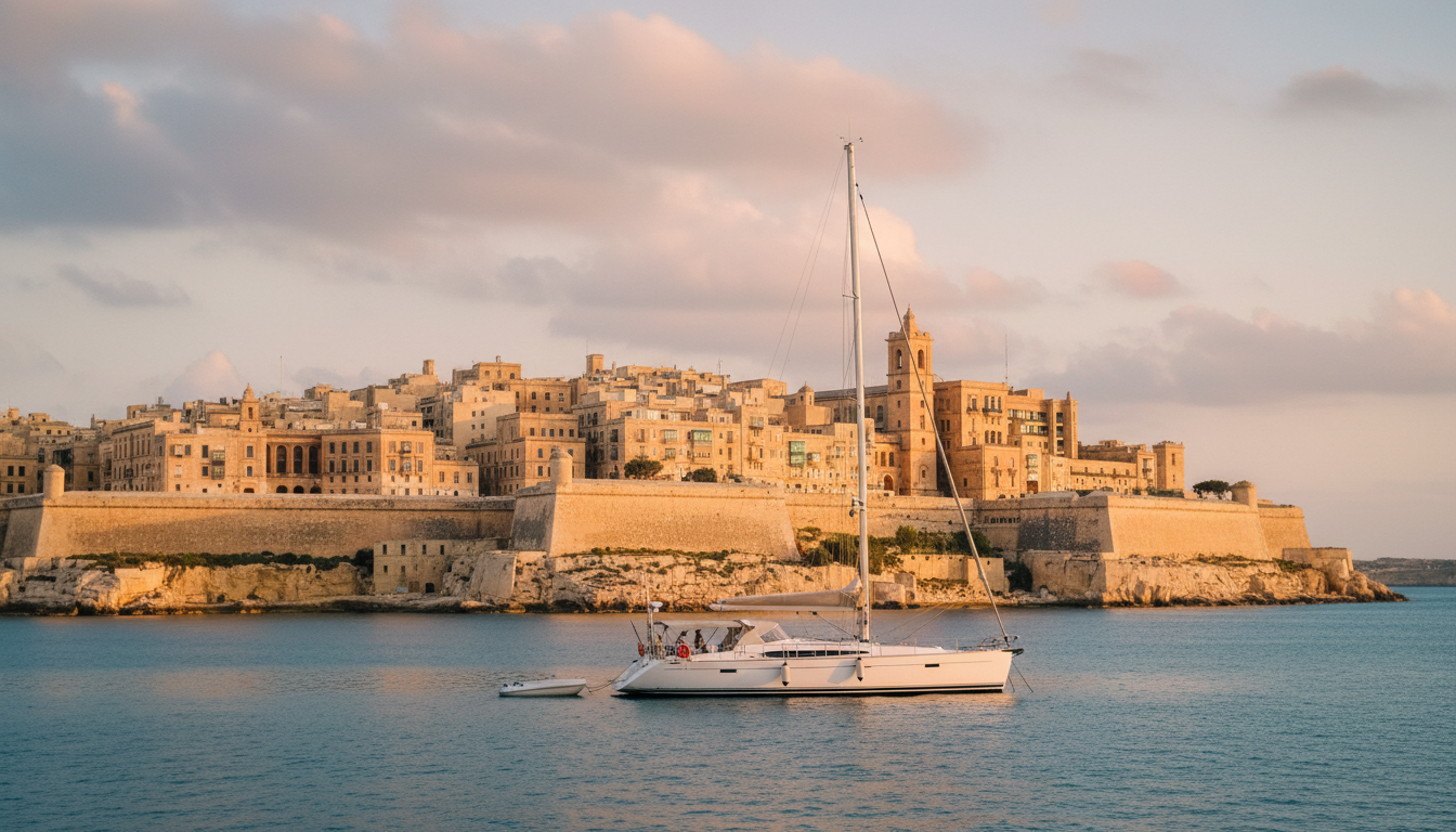Valletta Altstadt vom Grand Harbour: honigfarbene barocke Festungsmauern, Yacht im Vordergrund, goldene Stunde