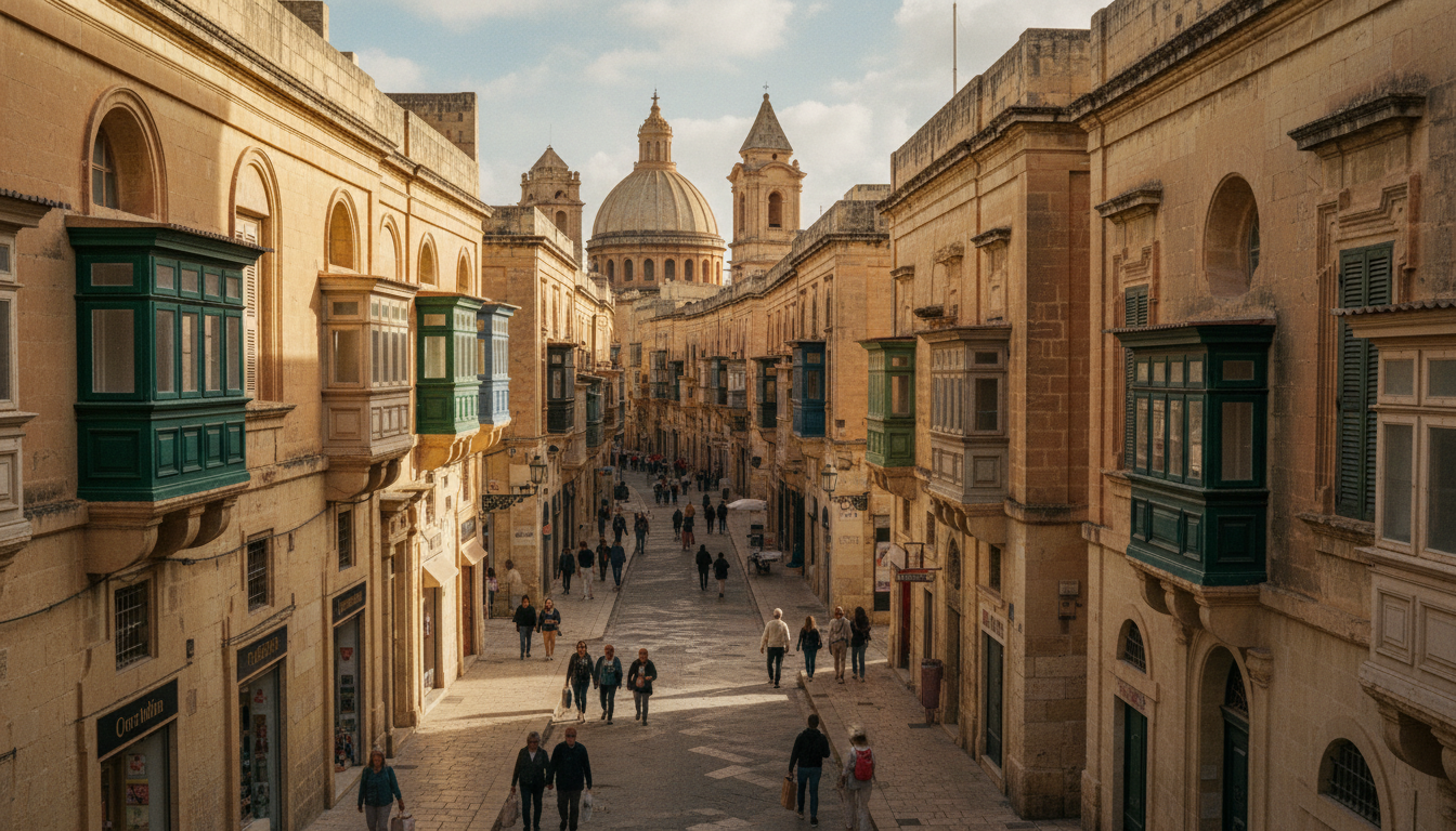 Blick auf Republic Street in valletta altstadt mit barocken Fassaden, traditionellen Holzbalkonen und warmem Licht