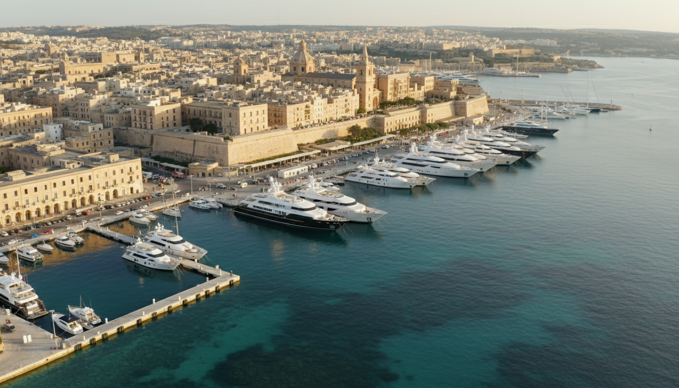 Luftaufnahme von Valletta Grand Harbour: Luxusyachten an Pontons, Birgu-Festung im goldenen Licht