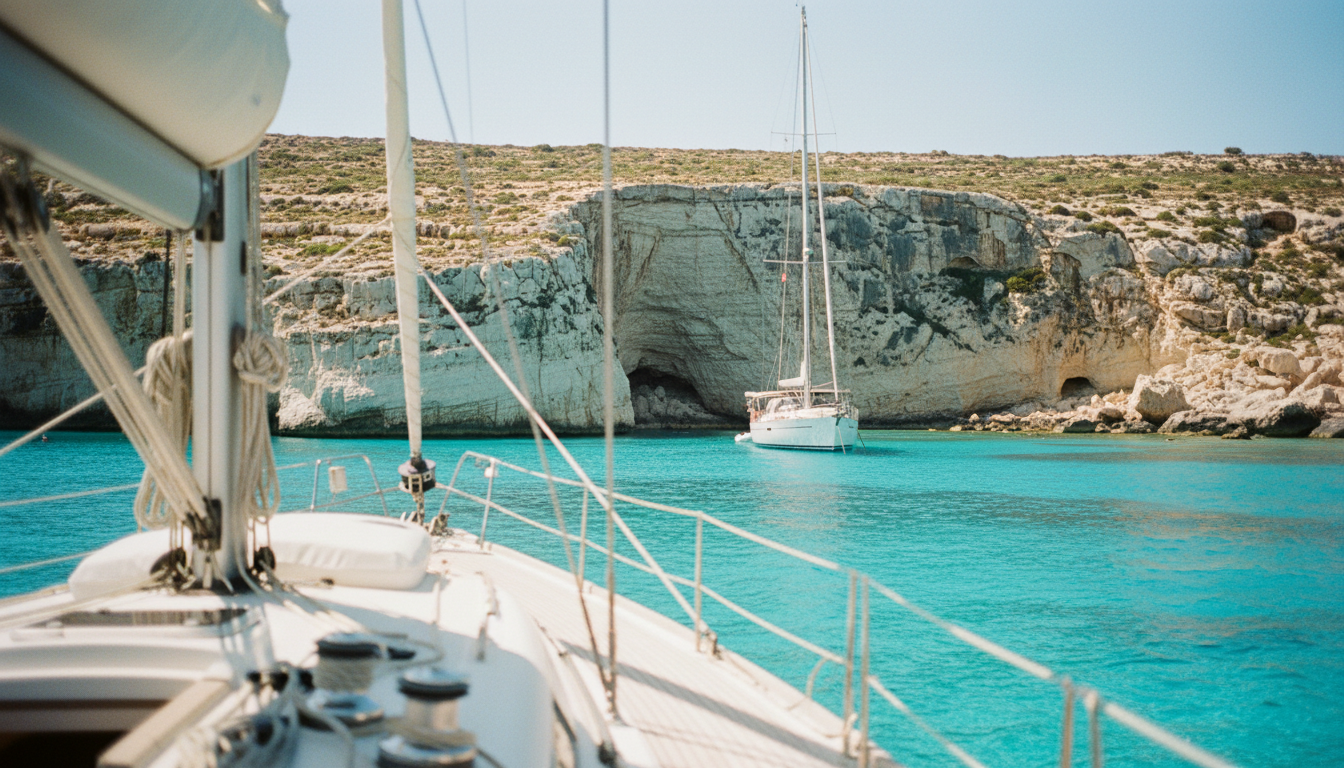 Segelyacht ankert in der kristallklaren Blue Lagoon bei Comino mit Blick Richtung Valletta