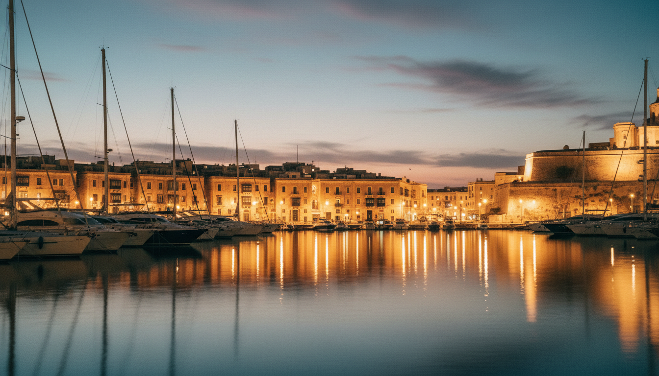 Valletta bei Nacht: illuminierte barocke Gebäude spiegeln sich im Grand Harbour, Luxusjachten im warmen Licht.