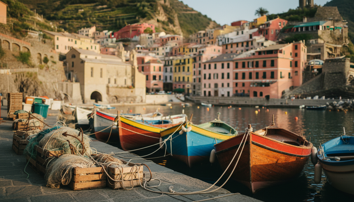 Nahaufnahme traditioneller Fischkutter im Vernazza Hafen, bunte Holzruempfe, Netze und Häuser im warmen Abendlicht