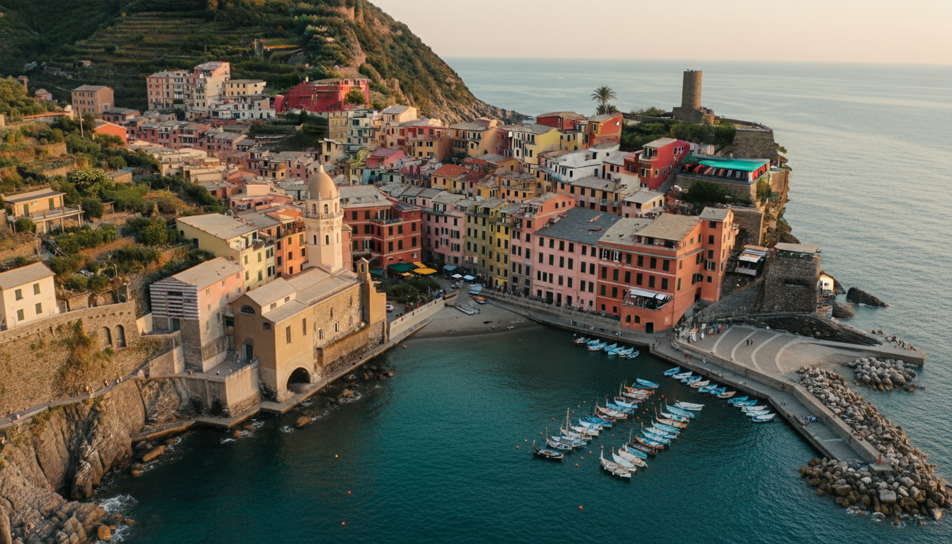 Atemberaubende Luftaufnahme von Vernazza Hafen bei Goldstunde: bunte Häuser, Boote im geschützten Hafenbecken