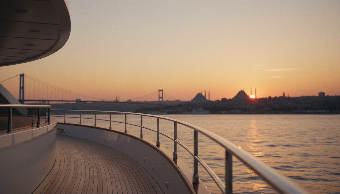 Yacht route istanbul: Sonnenuntergang vom Yachtdeck, Skyline mit Moscheen und Bosporus-Brücke, Reling im Vordergrund.