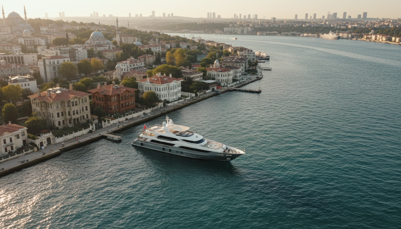 Drohnenaufnahme: Luxusyacht vor historischen Yalis am Bosporus, kristallklares tuerkisblaues Wasser - yacht route istanbul