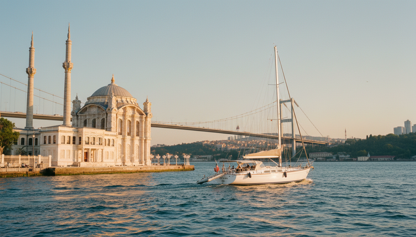Luxusyacht vor Ortaköy-Moschee mit Bosporus-Brücke bei Golden Hour — yacht route istanbul, professionelle Aufnahme.