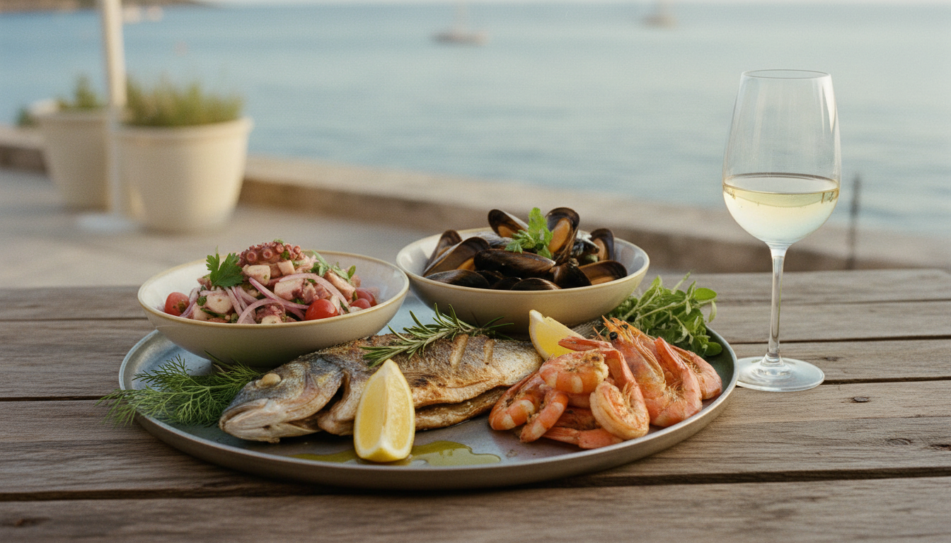 Zadar Altstadt: Dalmatische Meeresplatte Dalmatinische Meeresplatte mit gegrilltem Fisch, Oktopus, Muscheln und Wein auf Terrasse mit Blick zur Zadar Altstadt