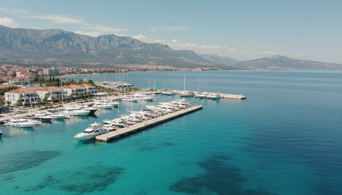 Zadar Altstadt: Marina, Yachten und Meer Luftaufnahme der Zadar Altstadt mit Marina, Luxusyachten in türkisblauem Adriameer, Bergen im Hintergrund