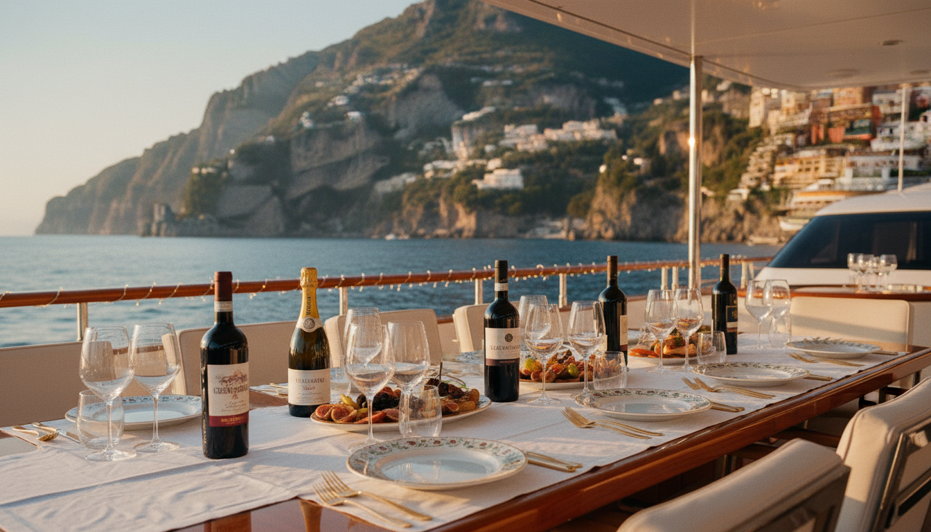 Luxuriös gedeckter Yacht-Tisch bei Sonnenuntergang vor der Amalfi Küste, Wein und Antipasti, warme Lichtstimmung
