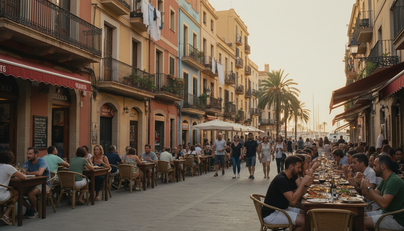 Barceloneta Waterfront bei goldener Stunde: bunte Häuser, enge Gassen und Menschen, die in Tapas-Restaurants draußen essen.