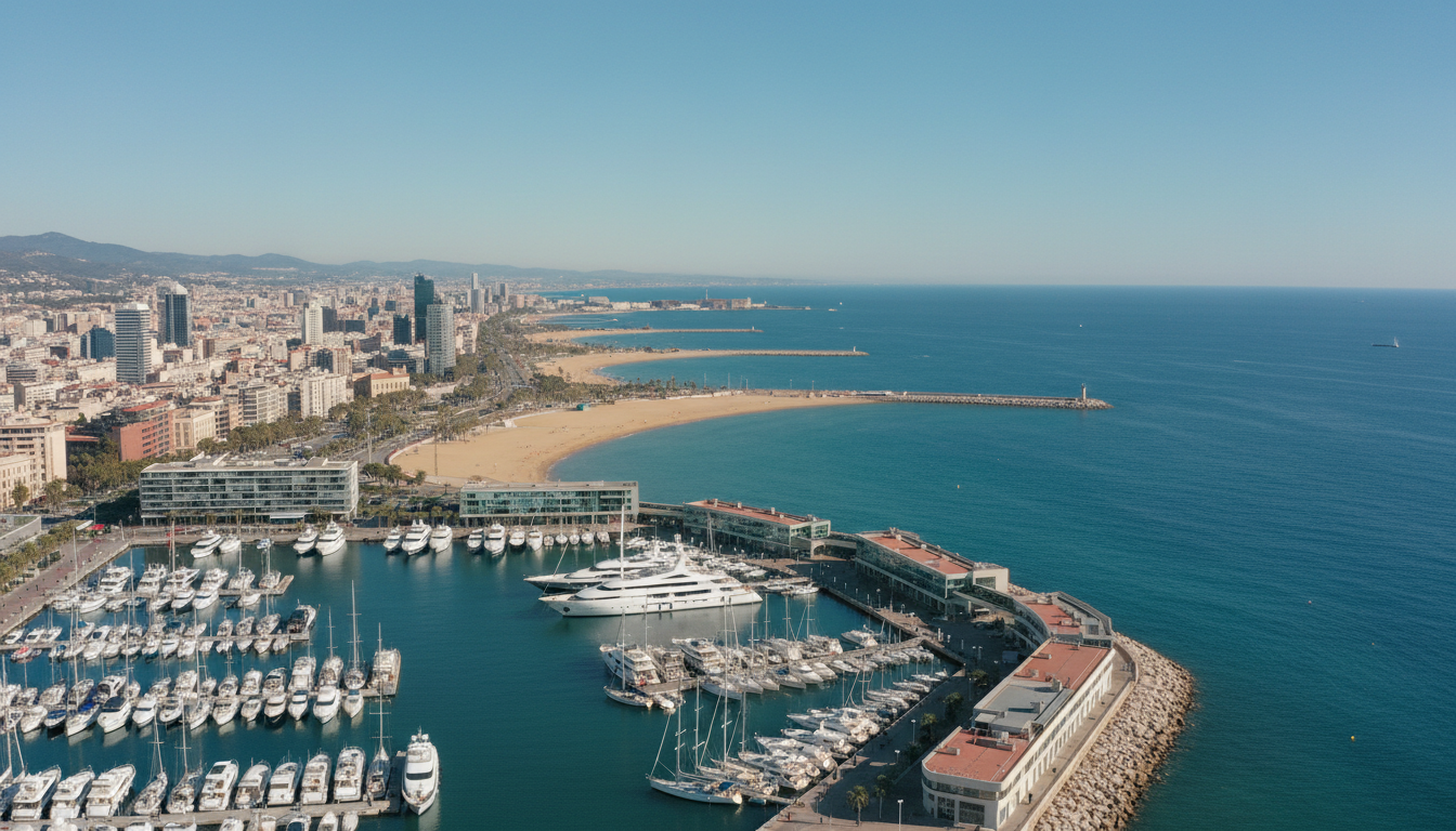 Drohnenaufnahme von Barceloneta: luxuriöse Yachten im Port Vell, goldener Sandstrand und türkisblaues Mittelmeer
