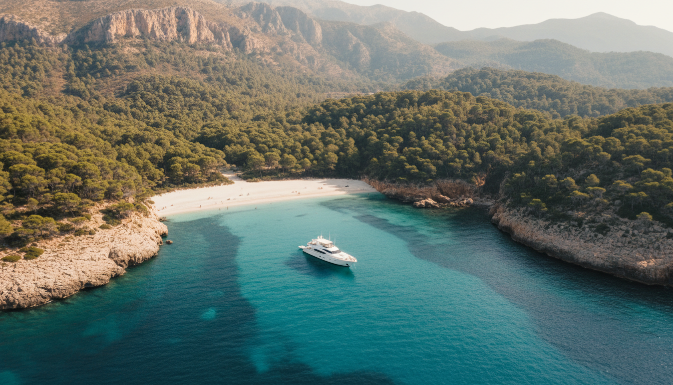 Beste Ankerplätze Mallorca: Traumhafte einsame Buchten Drohnenfoto: weiße Yacht in türkisfarbener Bucht, einer der besten Ankerplätze Mallorca mit Sandstrand und Kiefern.