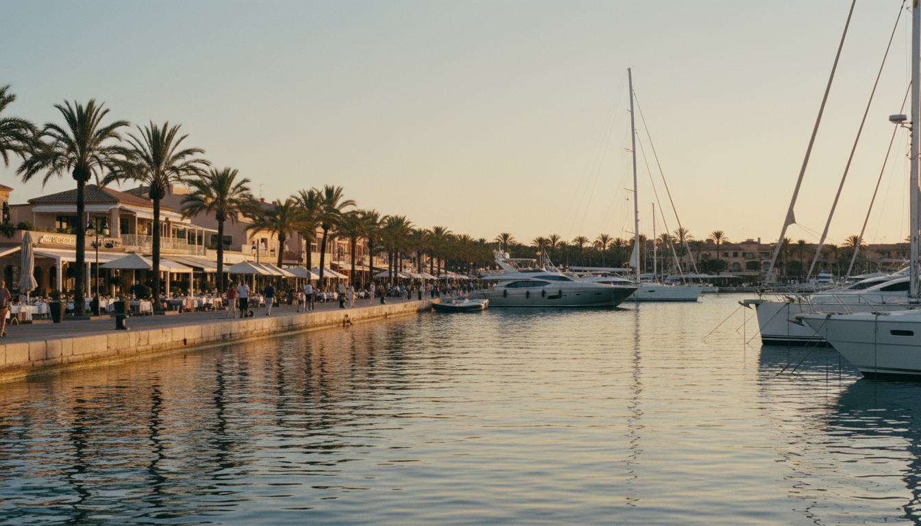 Beste Ankerplätze Mallorca: Luxusmarina bei Sonnenuntergang Luxusyachten in Mallorca-Marina bei Sonnenuntergang, palmengesäumtes Ufer und Restaurants — beste ankerplätze mallorca