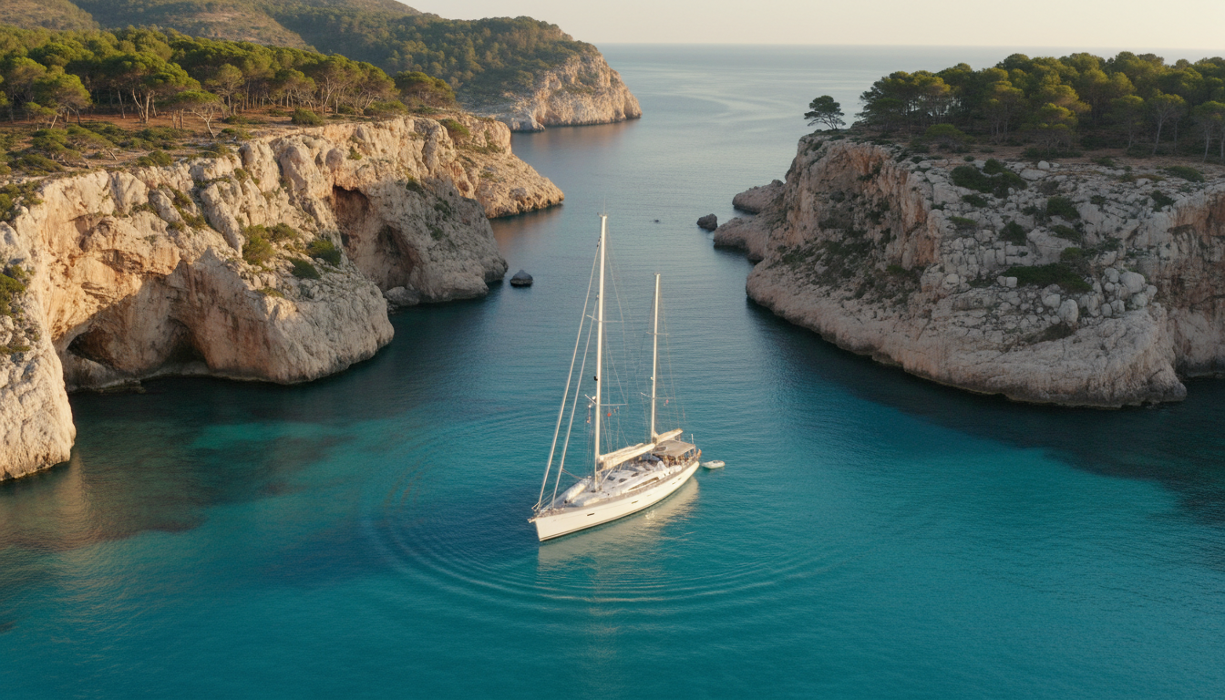 Beste Ankerplaetze Mallorca: Traumblicke Luxusyacht ankert in türkisfarbener Bucht vor Kalkklippen und Pinien — beste ankerplätze mallorca