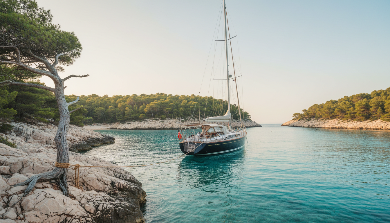 Beste Buchten Kroatien: Luxusyacht in versteckter Bucht Luxusyacht ankert in einsamer Bucht mit türkisfarbener See und Pinie – beste buchten kroatien, goldene Stunde