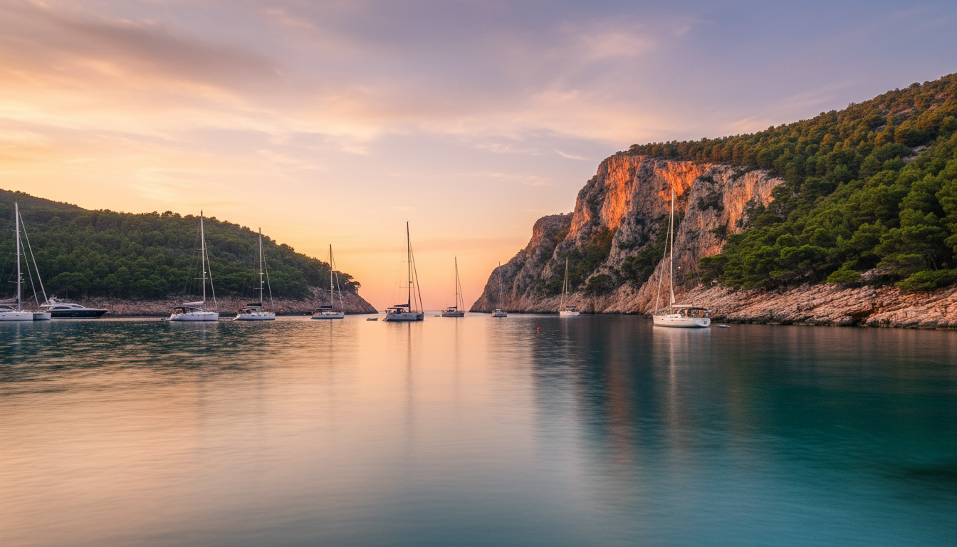 Beste Buchten Kroatien: Segelboote Abend Sonnenuntergang über ruhiger kroatischer Bucht mit Segelbooten, Pinien und Felsen — beste buchten kroatien.