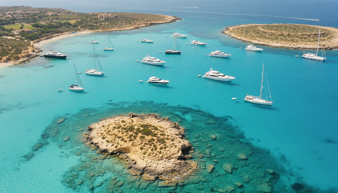 Blue Lagoon Comino Yacht in tuerkisfarbener Bucht Luftbild: blue lagoon comino yacht in tuerkis-kristallklarem Wasser, mehrere Yachten ankern, Cominotto im Vordergrund