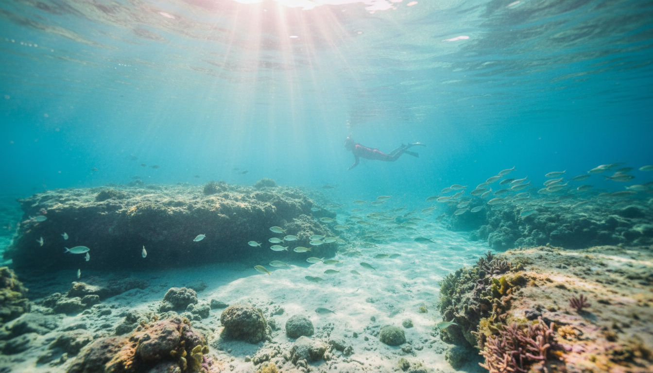 Blue Lagoon Comino Yacht – Kristallklares 4K-Bild Unterwasseraufnahme der Blue Lagoon Comino Yacht mit türkisfarbenem Wasser, Sandboden, Fischschwärmen und Schnorchler.