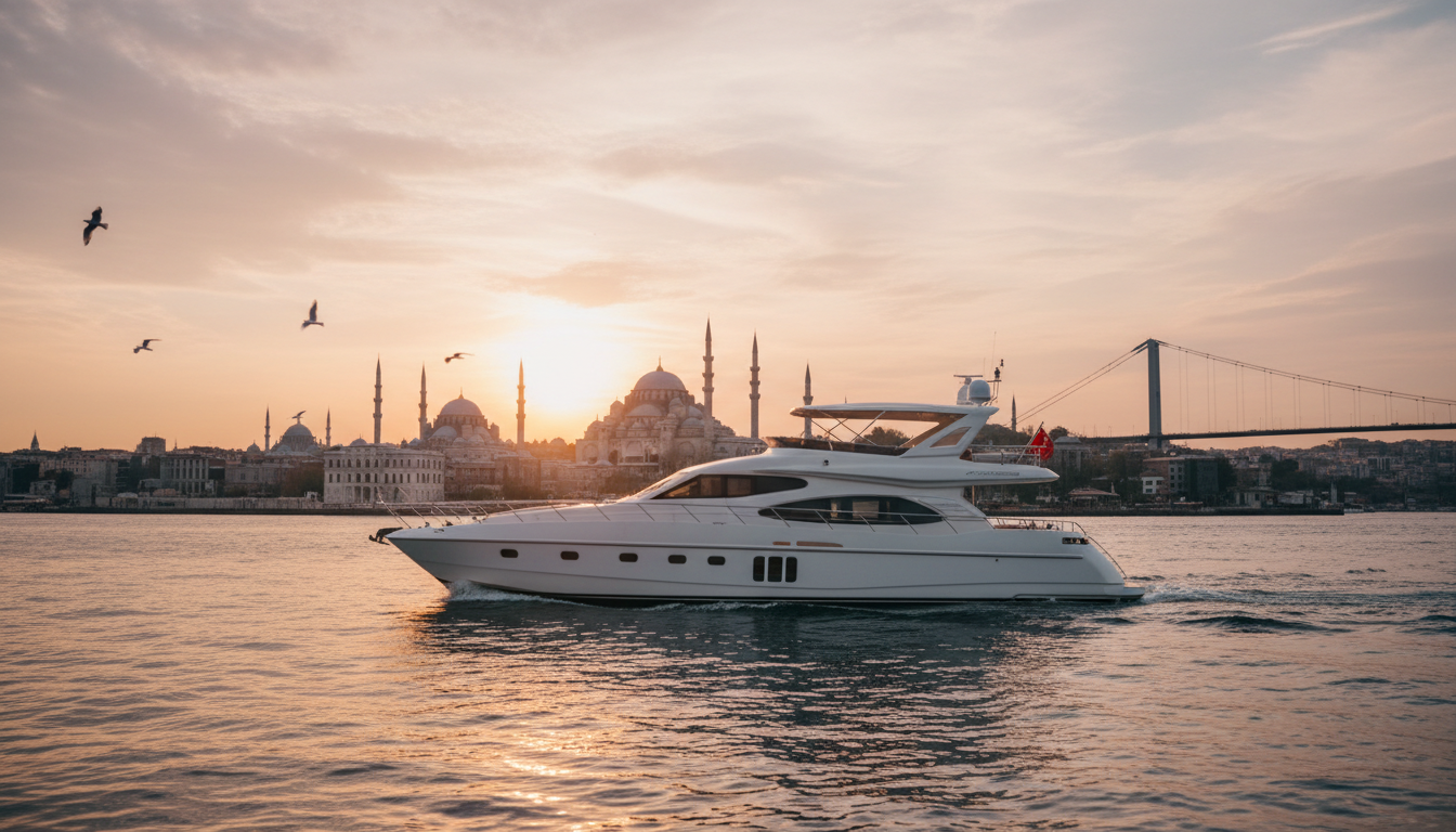 Luxusyacht auf dem Bosporus bei goldenem Licht, bosporus sonnenuntergang cruise mit Moscheen und Palästen im Hintergrund