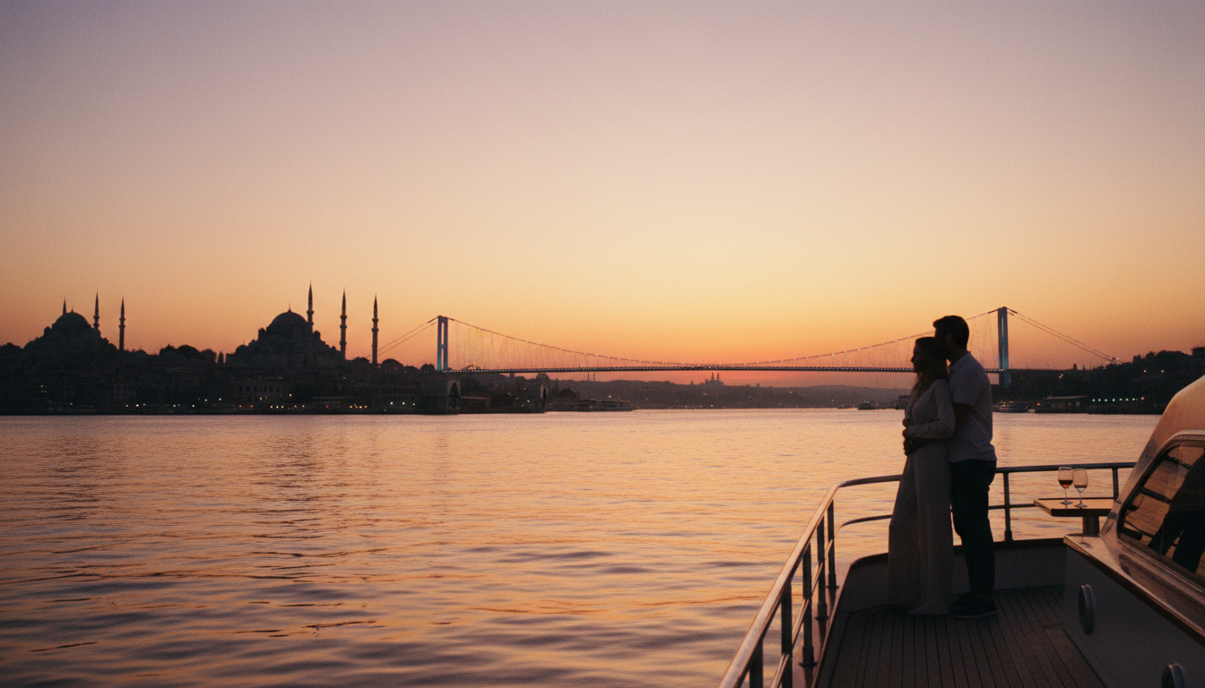 Bosporus Sonnenuntergang Cruise: Silhouette osmanischer Moscheen und Brücke, Paar auf Yachtdeck