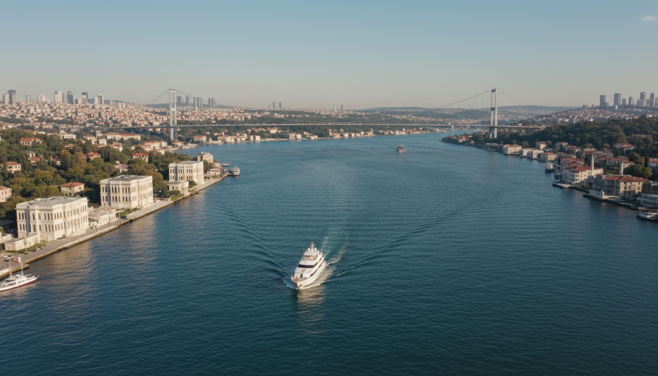 Atemberaubende Luftaufnahme einer bosporus yachttour: Luxusjacht zwischen Europa und Asien, Paläste und Brücke sichtbar.
