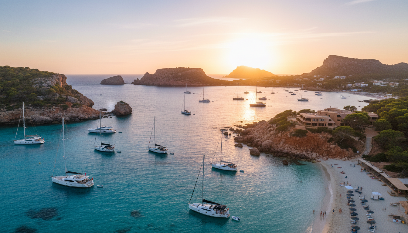 Luftbild von Cala Comte Ankerplätze bei Sonnenuntergang: Luxusyachten in türkisfarbem Wasser, Illa des Bosc.