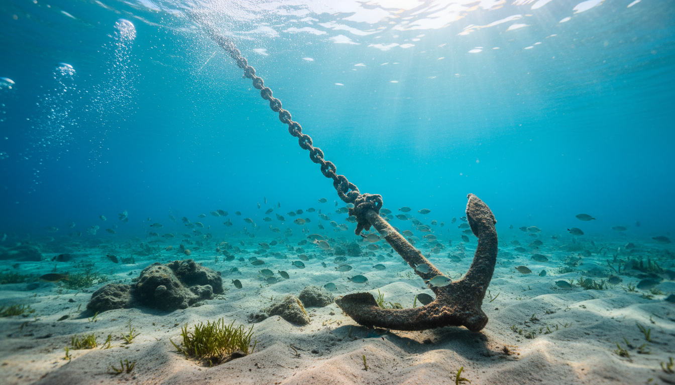 Unterwasserfoto eines Yachtankers auf sandigem Grund bei cala comte ankerplätze, Kette sichtbar, Meeresleben