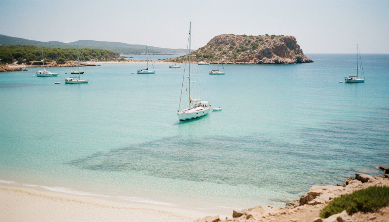 Luxusyacht ankert im kristallklaren Wasser von Cala Comte Ankerplätze, Sandstrand und Illa des Bosc im Hintergrund.