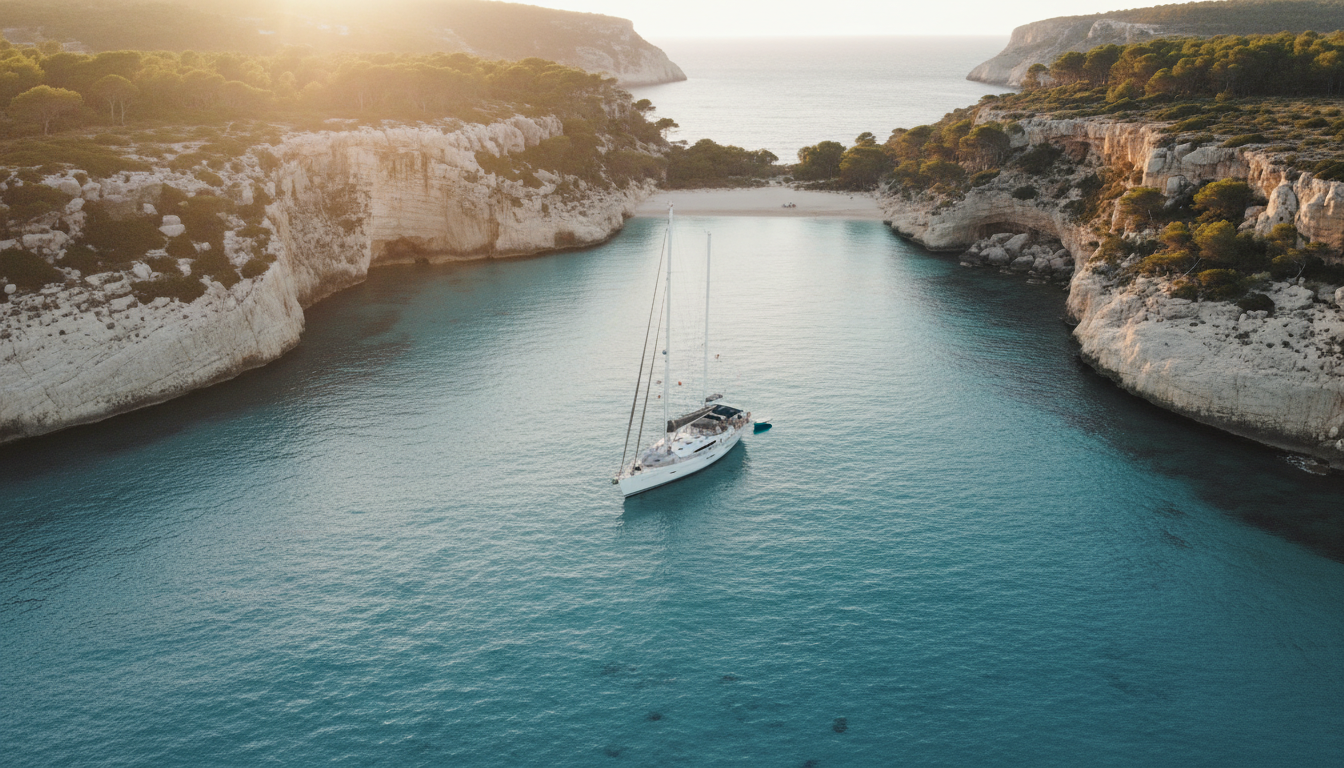 Luftaufnahme: Luxusyacht ankert in der türkisfarbenen Calo des Moro Bucht, Mallorca