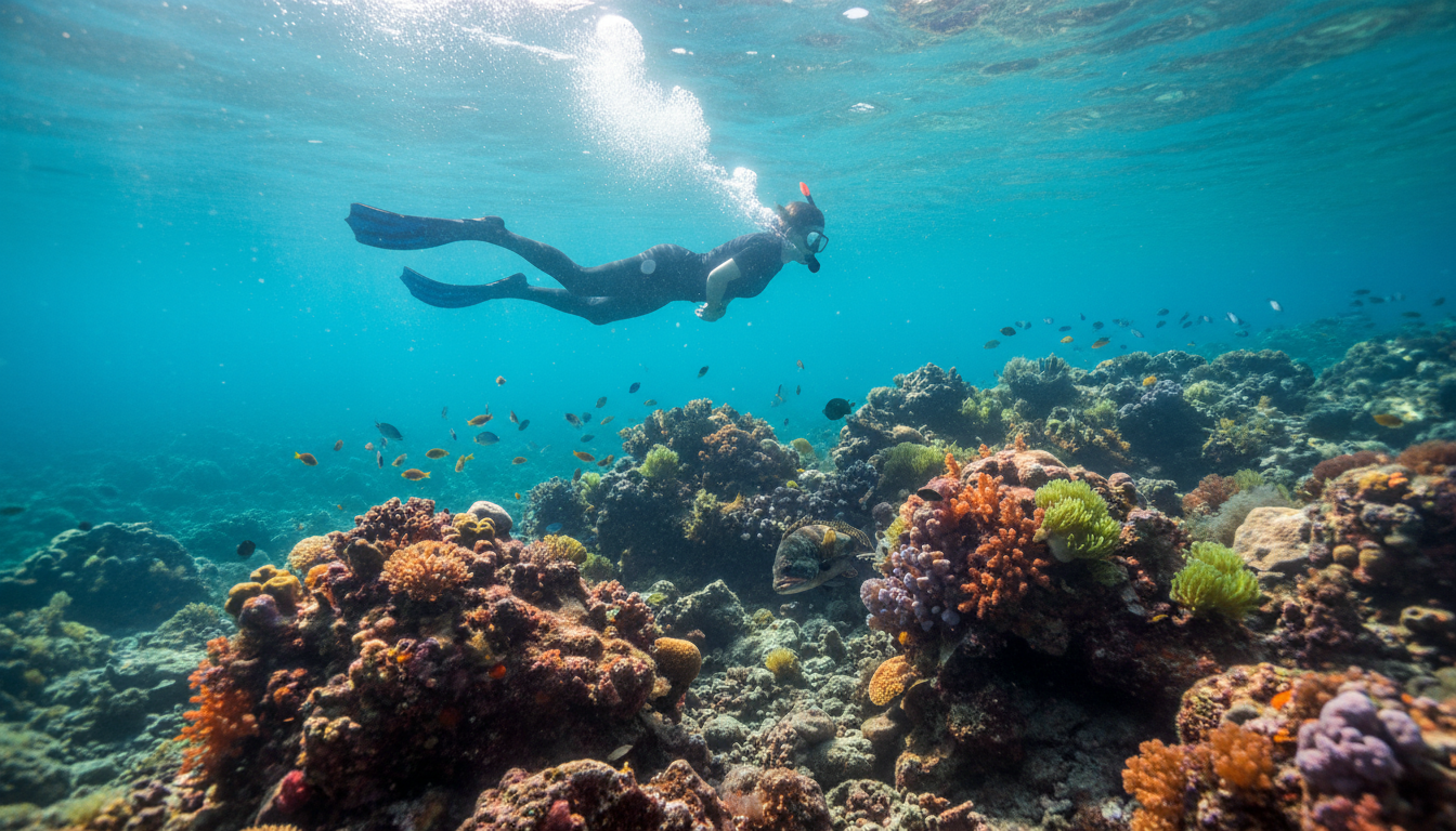 Schnorchler im kristallklaren Wasser erkundet felsiges Riff – dalmatinische Küste Highlights mit bunten Fischen.