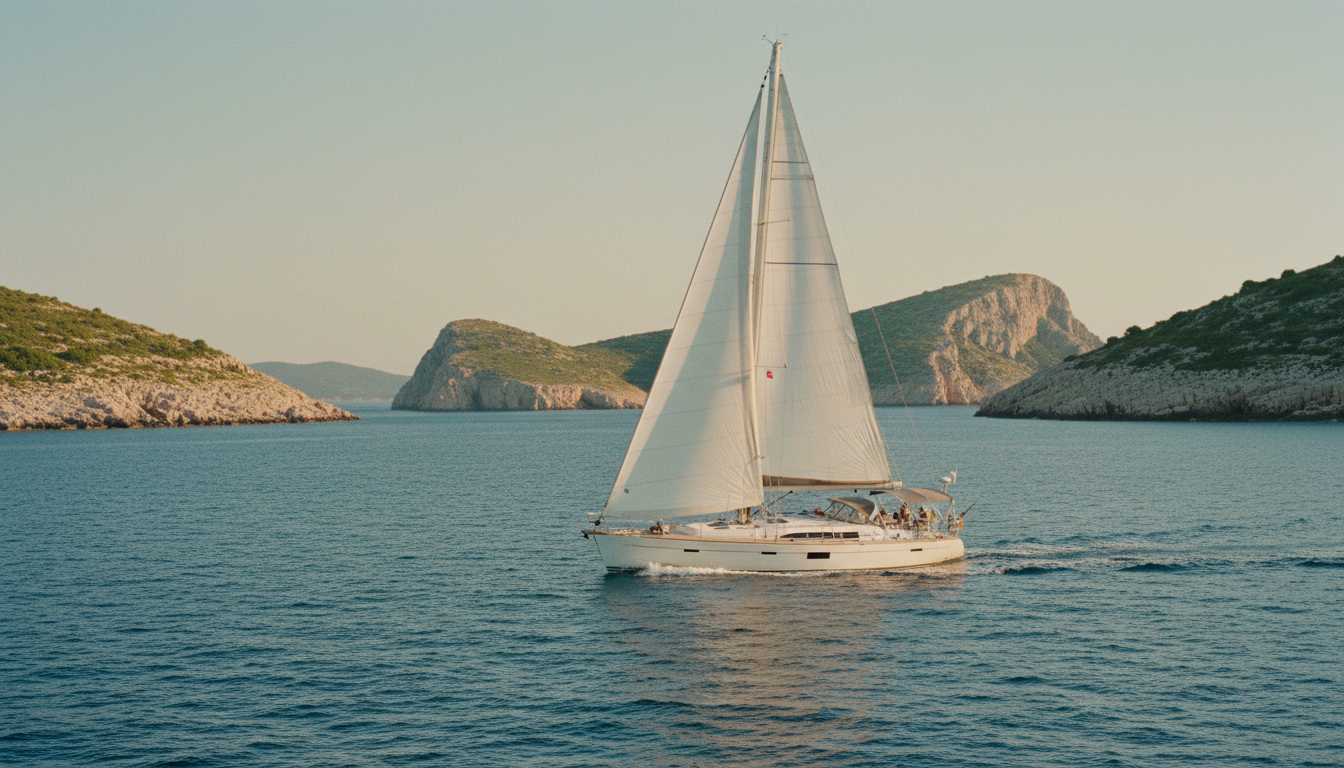 Weiße Segelyacht vor karstigen Kornati-Inseln, türkisblaues Wasser bei Goldstunde — dalmatinische küste highlights
