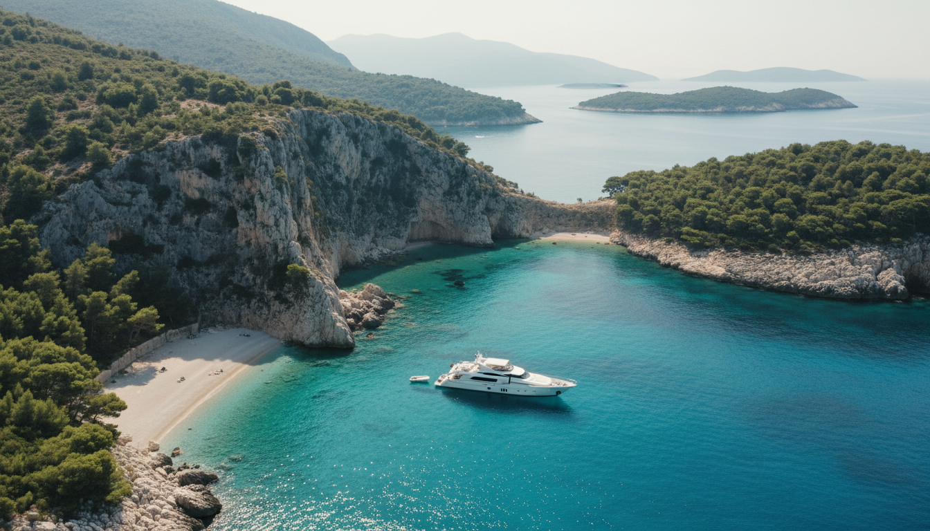 Luxusyacht in türkisfarbener Bucht vor pinienbewachsenen Klippen – dalmatinische küste highlights aus der Luft