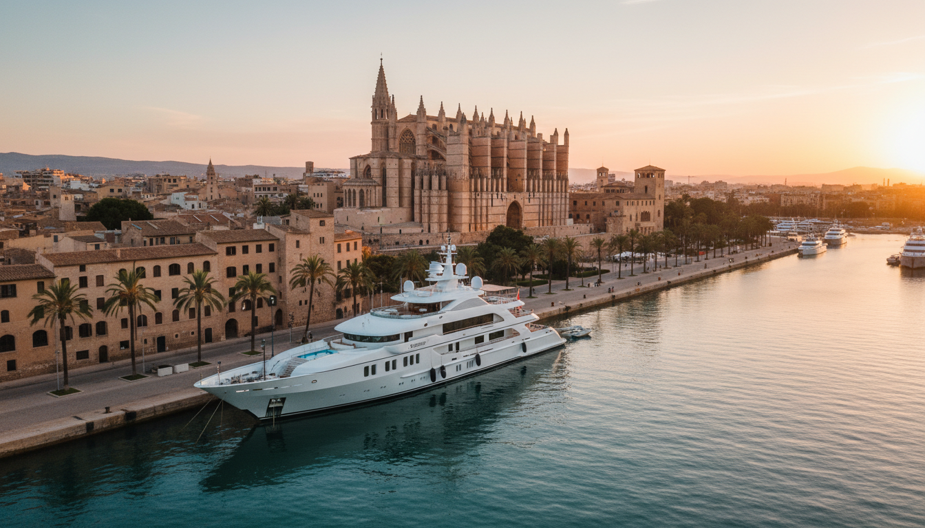 Vogelperspektive: Luxusyacht im Hafen mit der Kathedrale von Palma im Hintergrund bei Sonnenuntergang