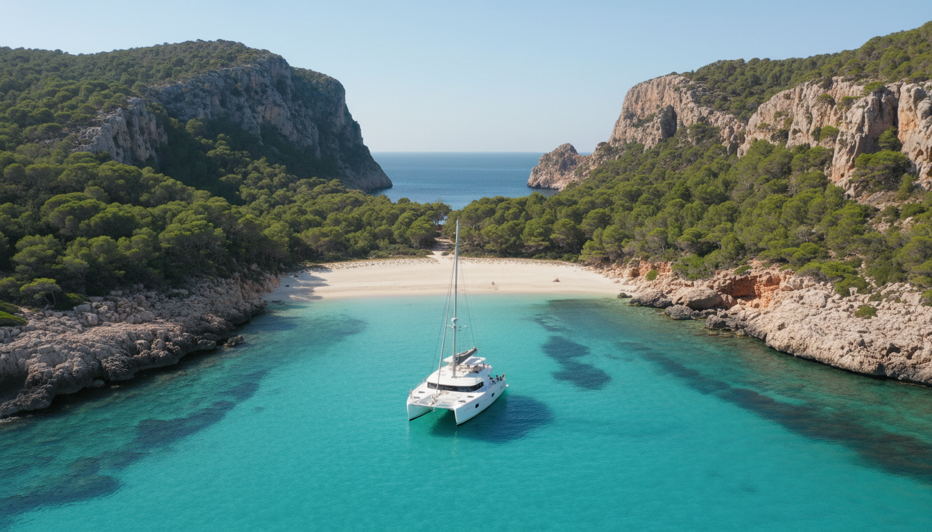 Geheimtipps Ibiza: Luftaufnahme eines Luxus-Katamarans in versteckter, türkisener Bucht mit Sandstrand