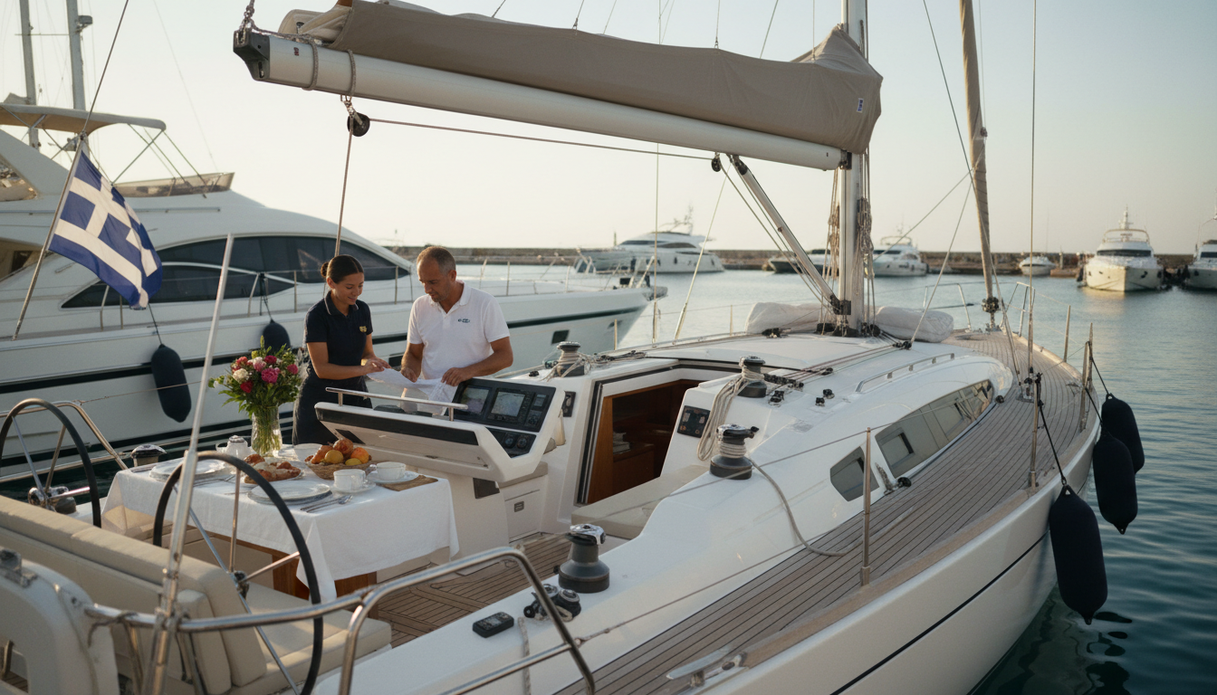 Griechenland Yacht mit Crew: Luxusmorgen Griechenland Yacht mit Crew: Skipper kontrolliert Navigation, Hostess deckt luxuriöses Frühstück an Bord im Morgenlicht