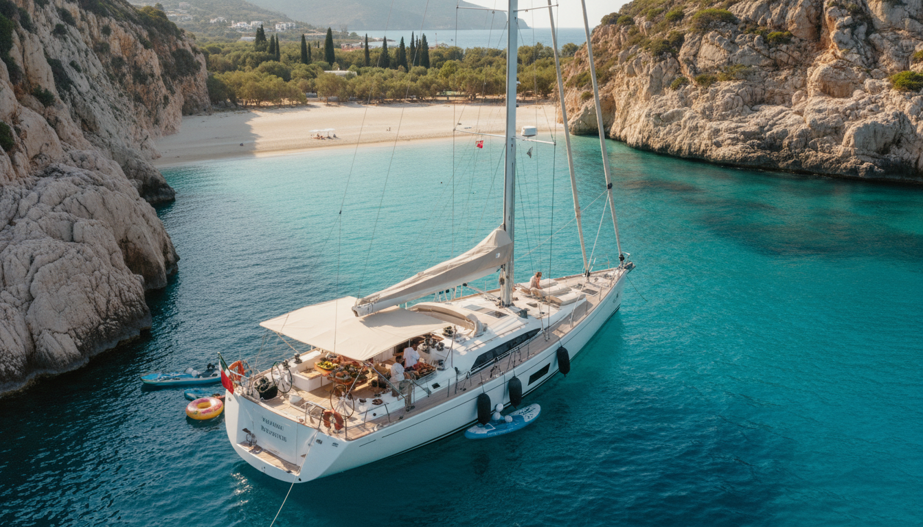 Griechenland Yacht mit Crew – Luxus in türkisener Bucht Luftaufnahme einer Griechenland yacht mit crew in türkisener Bucht; Gäste auf Deck, Crew bereitet Mahlzeit vor.
