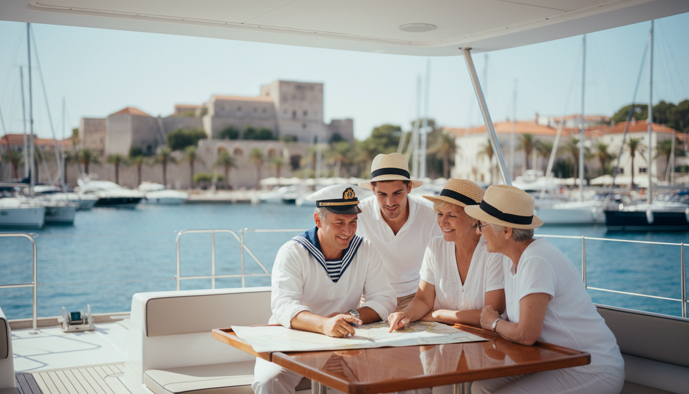 Kroatischer Matrose auf Yachtdeck gibt Richtung und sagt 'hallo auf kroatisch', Split-Hafen, nautische Karte, sonnig