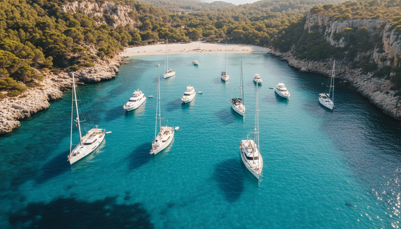 Drohnenfoto: Luxus-Yachten in einer versteckten, türkisfarbenen Bucht, ibiza buchten mit boot zwischen Pinien, Sandstrand und Felsklippen.