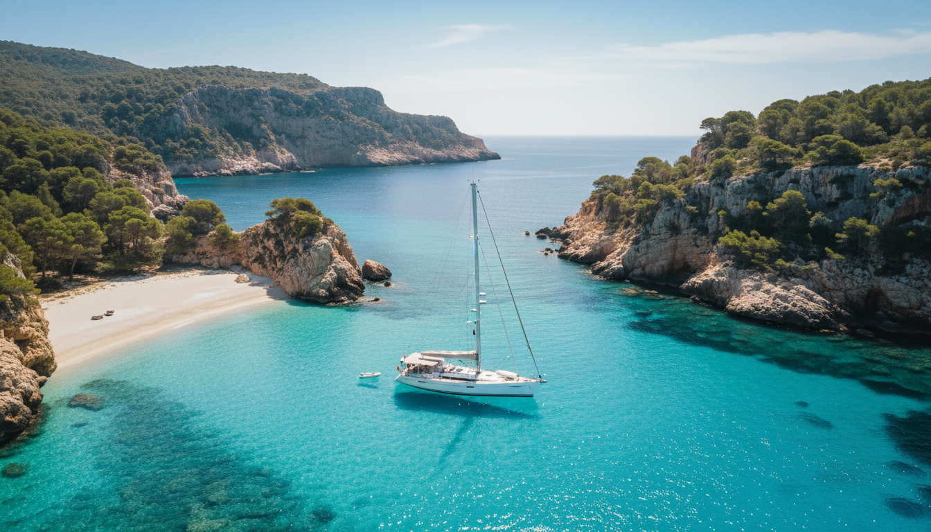 Ibiza Buchten mit Boot: Luxusyacht ankert in türkisblauem Wasser zwischen pinienbewachsenen Klippen, Drohnenaufnahme.